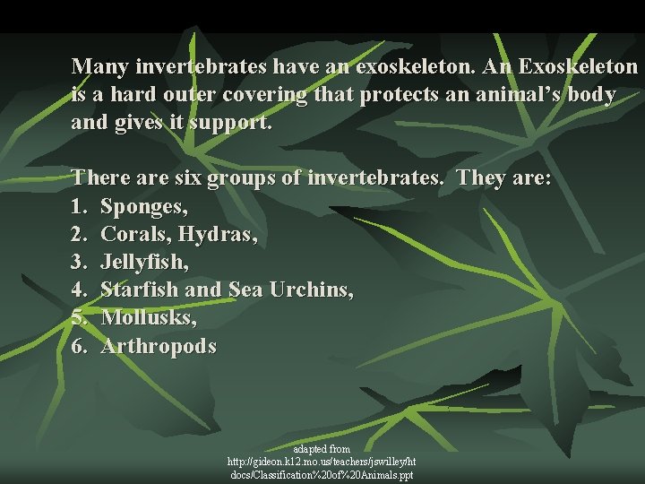 Many invertebrates have an exoskeleton. An Exoskeleton is a hard outer covering that protects