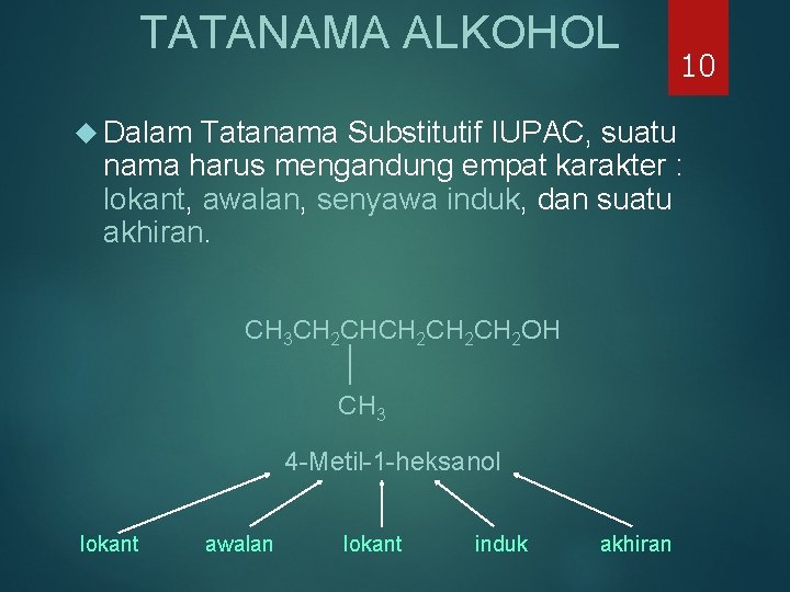 TATANAMA ALKOHOL Dalam 10 Tatanama Substitutif IUPAC, suatu nama harus mengandung empat karakter : TATANAMA ALKOHOL Dalam 10 Tatanama Substitutif IUPAC, suatu nama harus mengandung empat karakter :