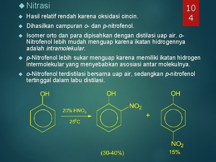 Nitrasi 10 4 Hasil relatif rendah karena oksidasi cincin. Dihasilkan campuran o- dan Nitrasi 10 4 Hasil relatif rendah karena oksidasi cincin. Dihasilkan campuran o- dan