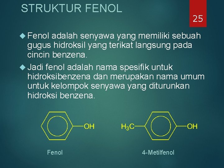 STRUKTUR FENOL 25 Fenol adalah senyawa yang memiliki sebuah gugus hidroksil yang terikat langsung STRUKTUR FENOL 25 Fenol adalah senyawa yang memiliki sebuah gugus hidroksil yang terikat langsung