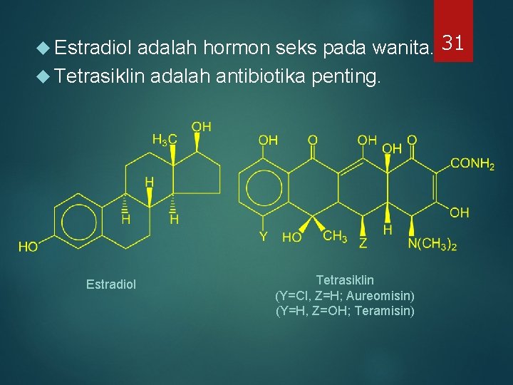 adalah hormon seks pada wanita. 31 Tetrasiklin adalah antibiotika penting. Estradiol Tetrasiklin (Y=Cl, Z=H; adalah hormon seks pada wanita. 31 Tetrasiklin adalah antibiotika penting. Estradiol Tetrasiklin (Y=Cl, Z=H;