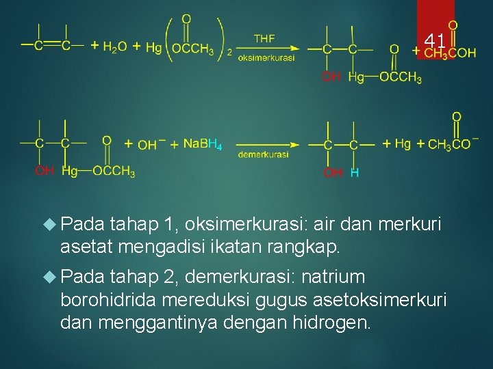 41 Pada tahap 1, oksimerkurasi: air dan merkuri asetat mengadisi ikatan rangkap. Pada tahap 41 Pada tahap 1, oksimerkurasi: air dan merkuri asetat mengadisi ikatan rangkap. Pada tahap