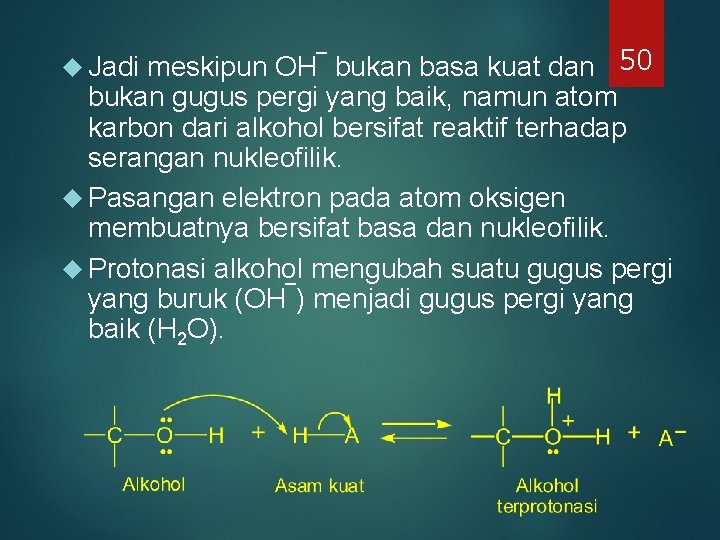 meskipun OH¯ bukan basa kuat dan 50 bukan gugus pergi yang baik, namun atom meskipun OH¯ bukan basa kuat dan 50 bukan gugus pergi yang baik, namun atom