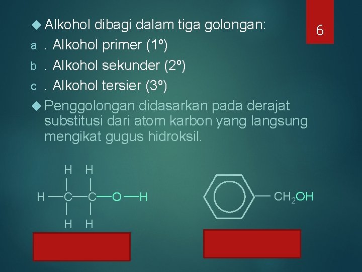 Alkohol dibagi dalam tiga golongan: 6 a. Alkohol primer (1º) b. Alkohol sekunder Alkohol dibagi dalam tiga golongan: 6 a. Alkohol primer (1º) b. Alkohol sekunder