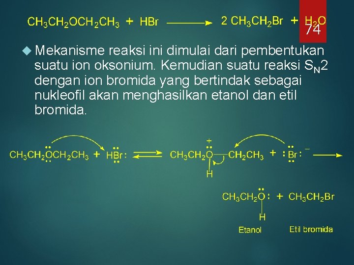 74 Mekanisme reaksi ini dimulai dari pembentukan suatu ion oksonium. Kemudian suatu reaksi SN 74 Mekanisme reaksi ini dimulai dari pembentukan suatu ion oksonium. Kemudian suatu reaksi SN