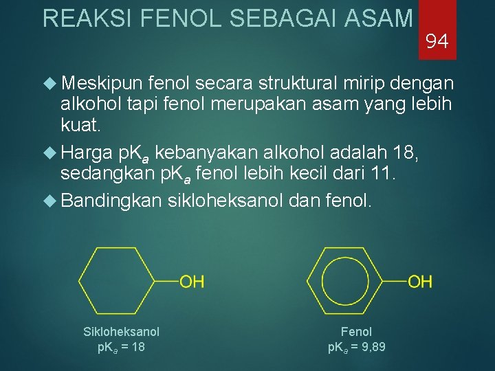 REAKSI FENOL SEBAGAI ASAM Meskipun 94 fenol secara struktural mirip dengan alkohol tapi fenol REAKSI FENOL SEBAGAI ASAM Meskipun 94 fenol secara struktural mirip dengan alkohol tapi fenol