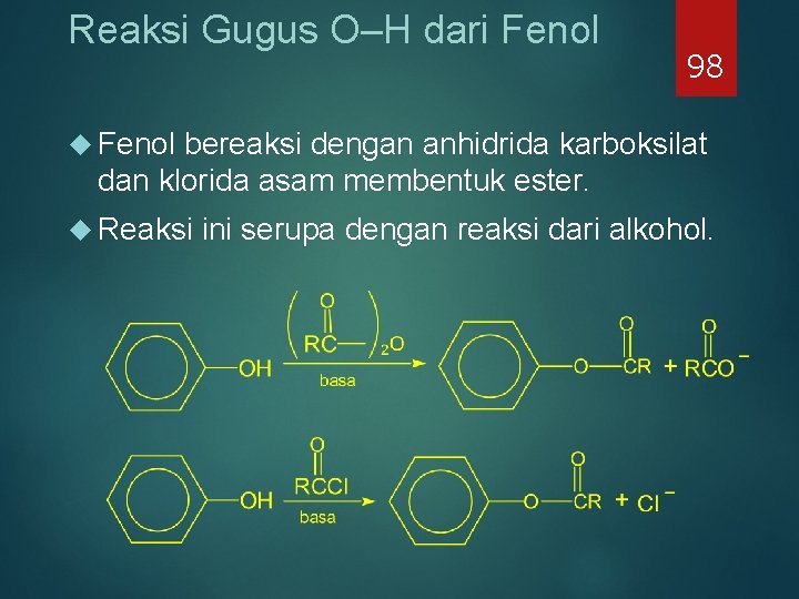 Reaksi Gugus O–H dari Fenol 98 Fenol bereaksi dengan anhidrida karboksilat dan klorida asam Reaksi Gugus O–H dari Fenol 98 Fenol bereaksi dengan anhidrida karboksilat dan klorida asam