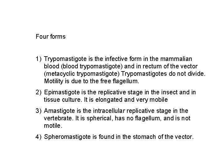 Four forms 1) Trypomastigote is the infective form in the mammalian blood (blood trypomastigote)