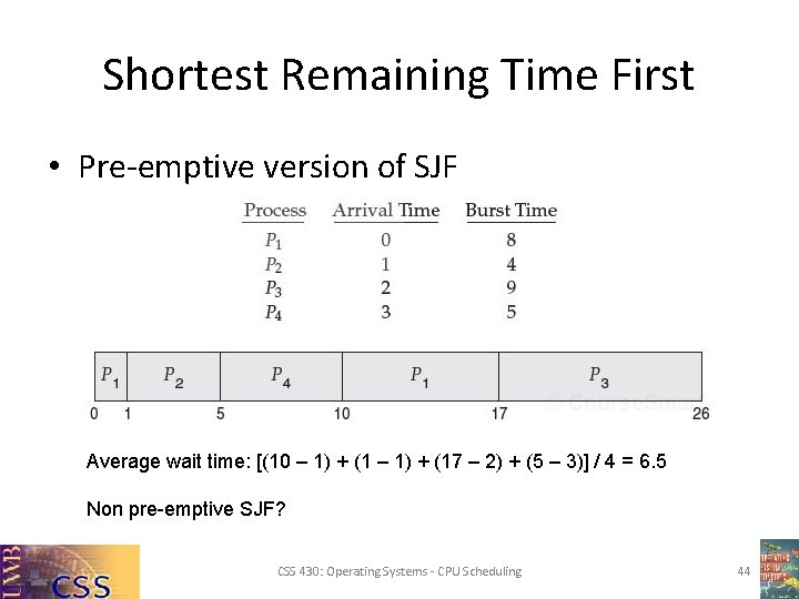 Shortest Remaining Time First • Pre-emptive version of SJF Average wait time: [(10 –