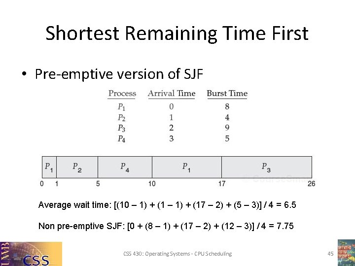 Shortest Remaining Time First • Pre-emptive version of SJF Average wait time: [(10 –