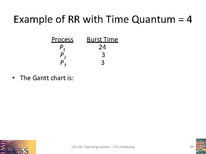 Example of RR with Time Quantum = 4 Process P 1 P 2 P