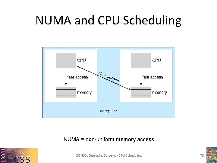 NUMA and CPU Scheduling NUMA = non-uniform memory access CSS 430: Operating Systems -