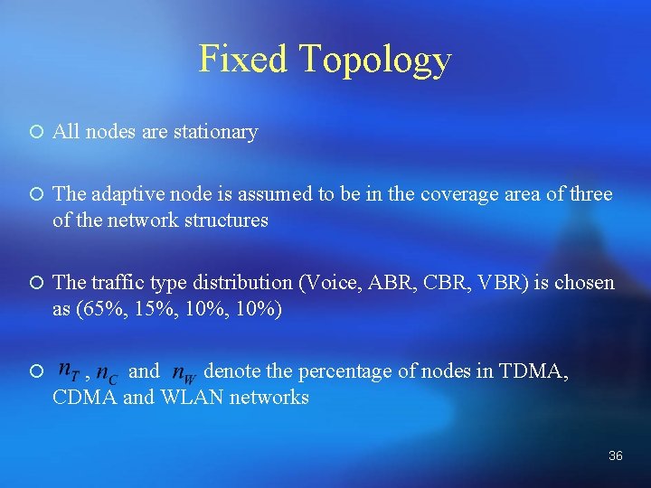 Fixed Topology ¡ All nodes are stationary ¡ The adaptive node is assumed to