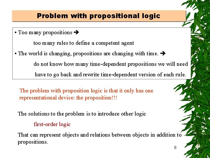 Problem with propositional logic • Too many propositions too many rules to define a