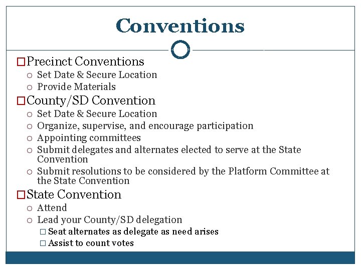 Conventions �Precinct Conventions Set Date & Secure Location Provide Materials �County/SD Convention Set Date