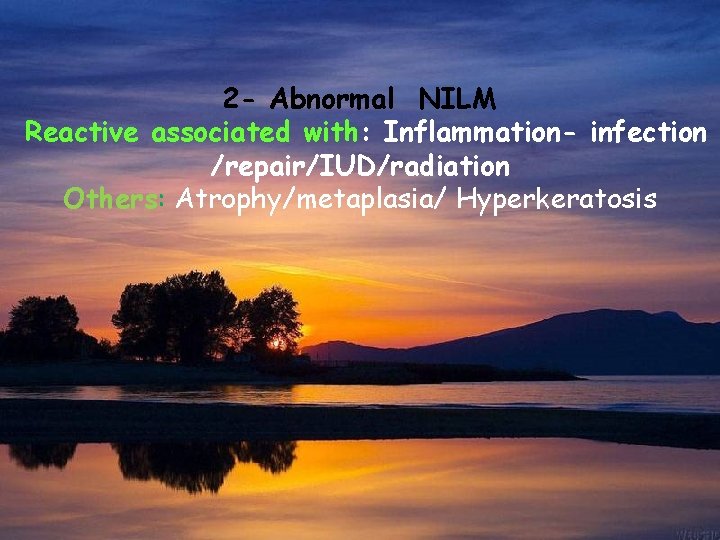 2 - Abnormal NILM Reactive associated with: Inflammation- infection /repair/IUD/radiation Others: Atrophy/metaplasia/ Hyperkeratosis 