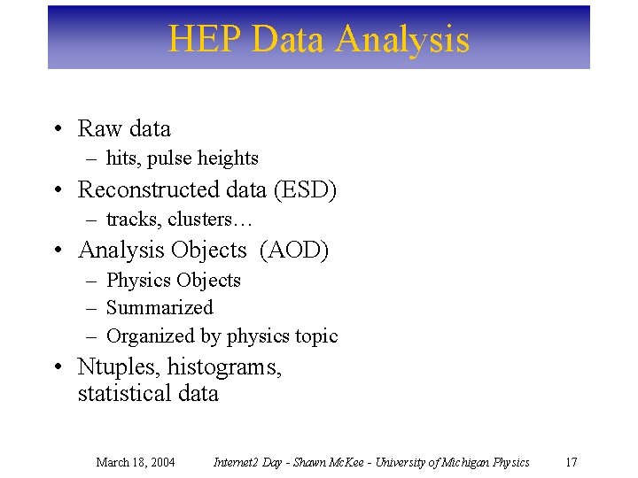 HEP Data Analysis • Raw data – hits, pulse heights • Reconstructed data (ESD)