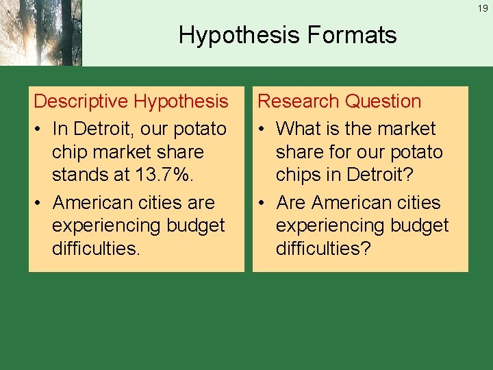 19 Hypothesis Formats Descriptive Hypothesis • In Detroit, our potato chip market share stands