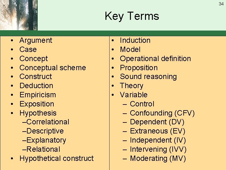 34 Key Terms • • • Argument Case Conceptual scheme Construct Deduction Empiricism Exposition