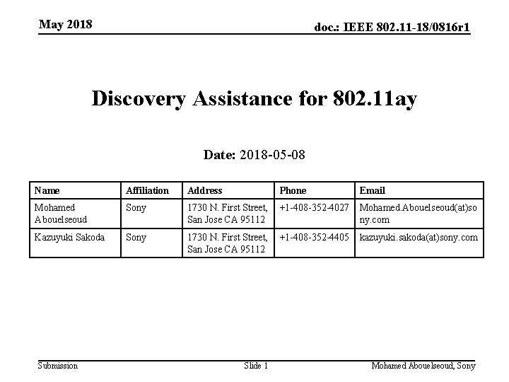 May 2018 doc. : IEEE 802. 11 -18/0816 r 1 Discovery Assistance for 802.