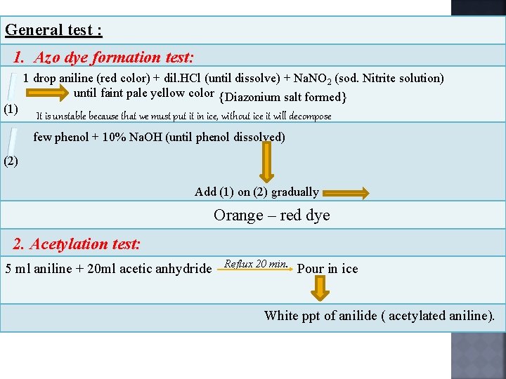 General test : 1. Azo dye formation test: (1) 1 drop aniline (red color)