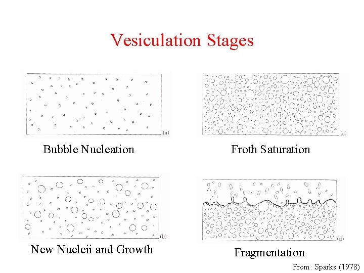 Vesiculation Stages Bubble Nucleation Froth Saturation New Nucleii and Growth Fragmentation From: Sparks (1978)