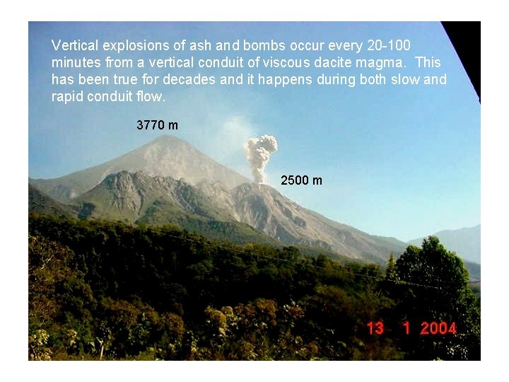 Vertical explosions of ash and bombs occur every 20 -100 minutes from a vertical