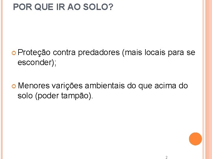 POR QUE IR AO SOLO? Proteção contra predadores (mais locais para se esconder); Menores