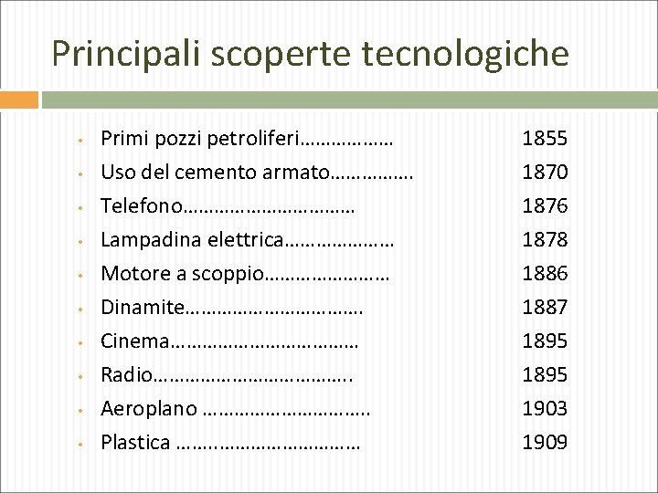 Principali scoperte tecnologiche • • • Primi pozzi petroliferi……………… Uso del cemento armato……………. Telefono………………