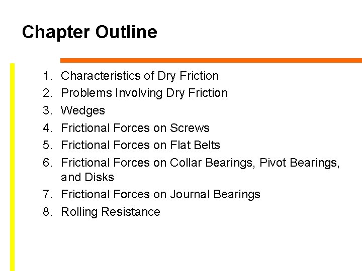 Chapter Outline 1. 2. 3. 4. 5. 6. Characteristics of Dry Friction Problems Involving