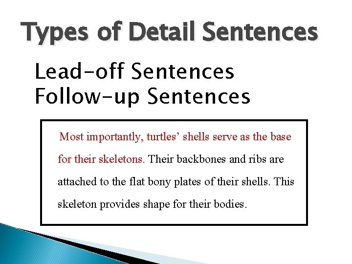 Types of Detail Sentences Lead-off Sentences Follow-up Sentences Most importantly, turtles’ shells serve as