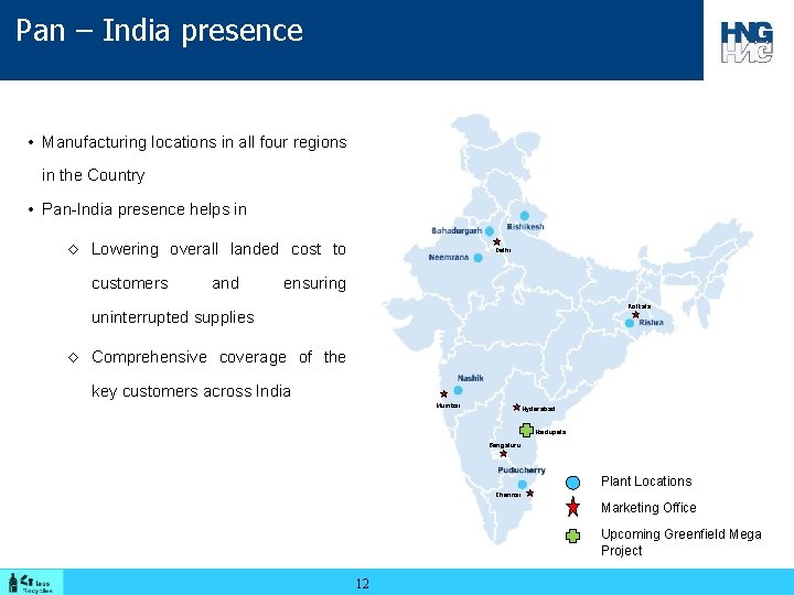 Pan – India presence • Manufacturing locations in all four regions in the Country
