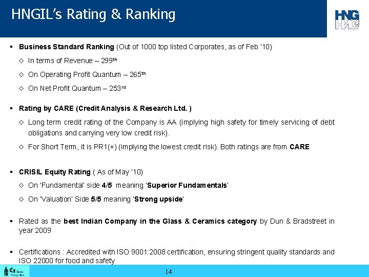 HNGIL’s Rating & Ranking § Business Standard Ranking (Out of 1000 top listed Corporates,