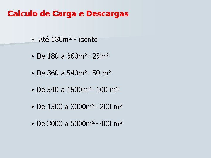 Calculo de Carga e Descargas • Até 180 m² - isento • De 180 Calculo de Carga e Descargas • Até 180 m² - isento • De 180