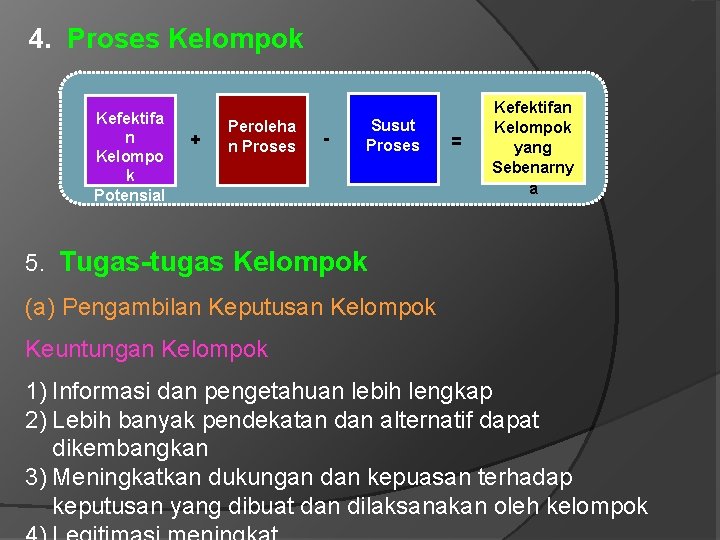 4. Proses Kelompok Kefektifa n Kelompo k Potensial + Peroleha n Proses - Susut