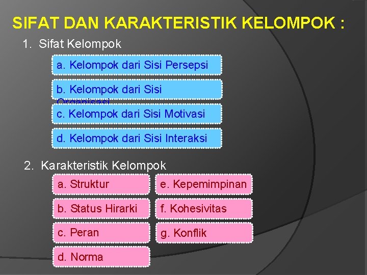 SIFAT DAN KARAKTERISTIK KELOMPOK : 1. Sifat Kelompok a. Kelompok dari Sisi Persepsi b.