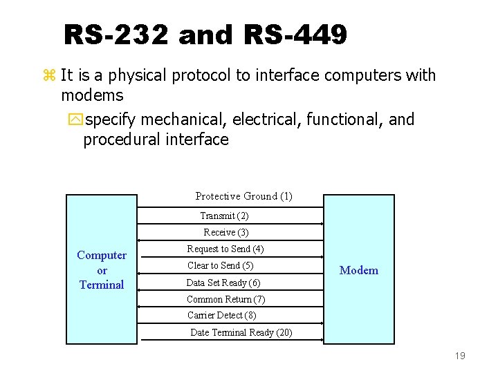 RS-232 and RS-449 z It is a physical protocol to interface computers with modems