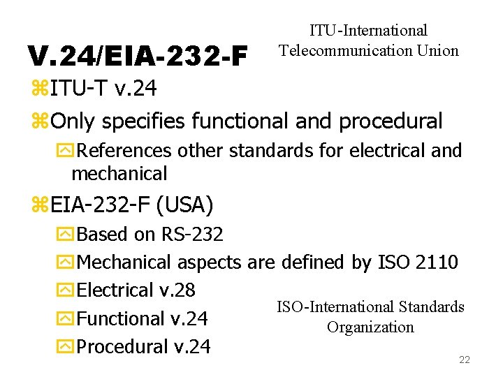 V. 24/EIA-232 -F ITU-International Telecommunication Union z. ITU-T v. 24 z. Only specifies functional