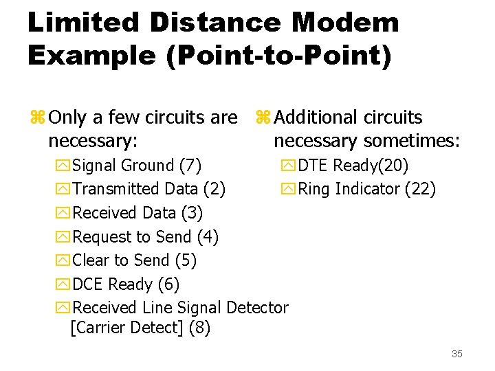 Limited Distance Modem Example (Point-to-Point) z Only a few circuits are z Additional circuits