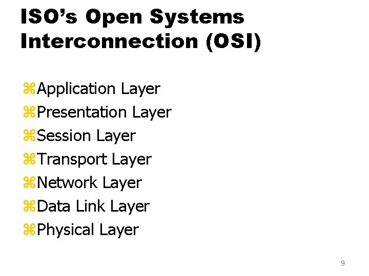 ISO’s Open Systems Interconnection (OSI) z. Application Layer z. Presentation Layer z. Session Layer