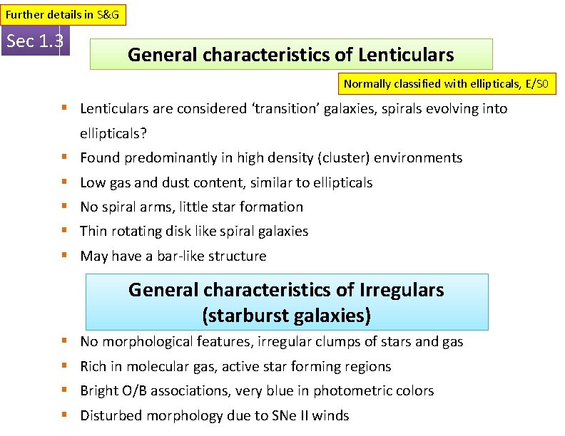 Further details in S&G Sec 1. 3 General characteristics of Lenticulars Normally classified with