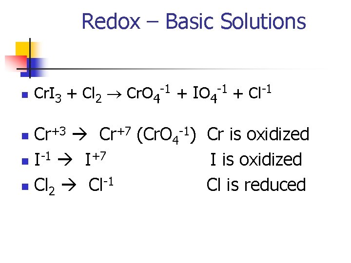 Redox – Basic Solutions n Cr. I 3 + Cl 2 ® Cr. O