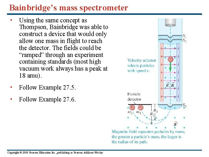 Bainbridge’s mass spectrometer • Using the same concept as Thompson, Bainbridge was able to