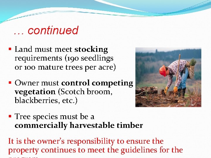 … continued § Land must meet stocking requirements (190 seedlings or 100 mature trees