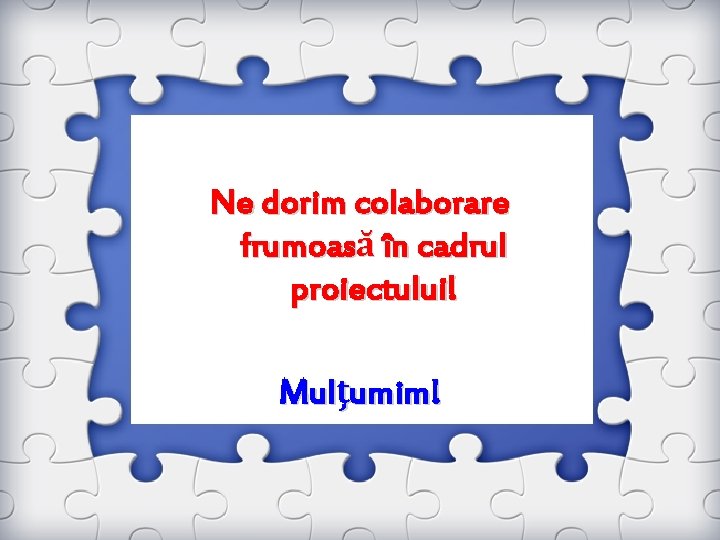 Ne dorim colaborare frumoasă în cadrul proiectului! Mulţumim! 