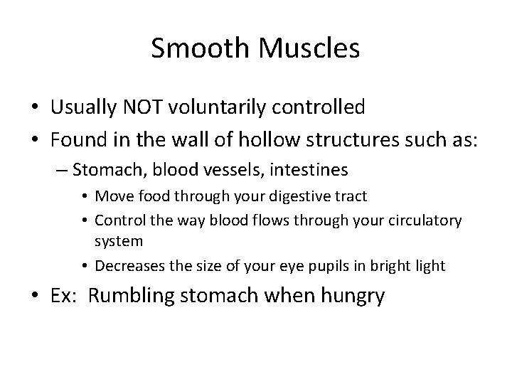 Smooth Muscles • Usually NOT voluntarily controlled • Found in the wall of hollow