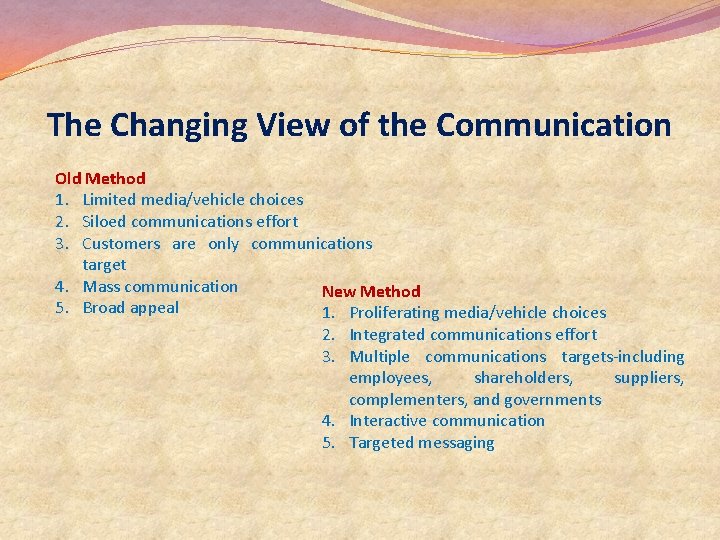 The Changing View of the Communication Old Method 1. Limited media/vehicle choices 2. Siloed The Changing View of the Communication Old Method 1. Limited media/vehicle choices 2. Siloed