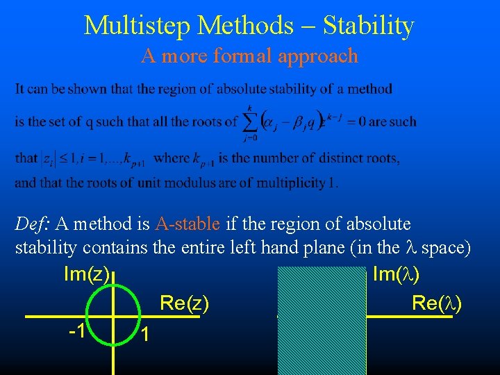Multistep Methods – Stability A more formal approach Def: A method is A-stable if