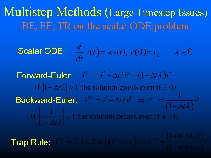 Multistep Methods (Large Timestep Issues) BE, FE, TR on the scalar ODE problem Scalar