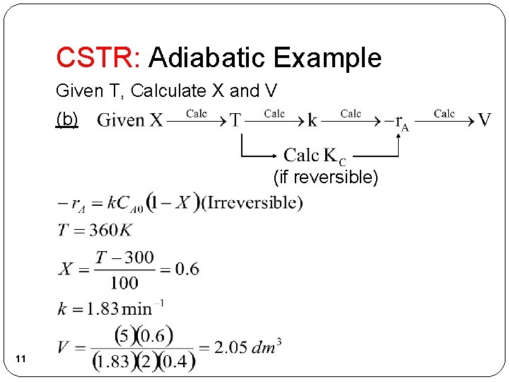 CSTR: Adiabatic Example Given T, Calculate X and V (b) (if reversible) 11 CSTR: Adiabatic Example Given T, Calculate X and V (b) (if reversible) 11